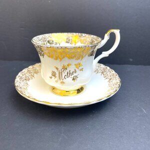 Royal Albert Bone China Cup & Saucer “Mother” Gold Floral Pattern, England 1960s